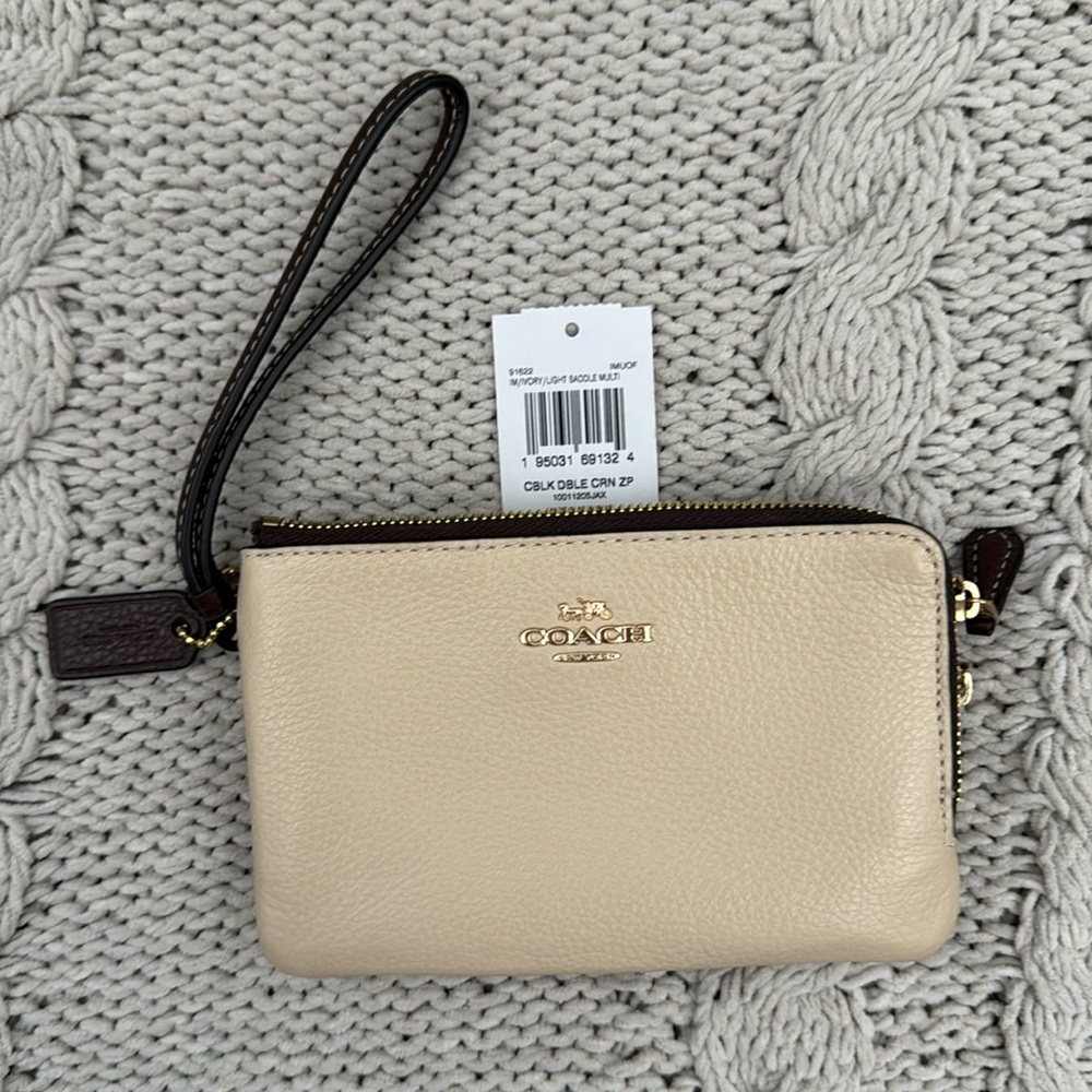 Coach Beige and Dark Brown Leather Wristlet Clutch